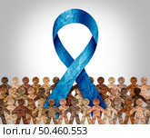 Human Trafficking awareness and global issue of exploitation of individuals for labor or commercial purposes to protect the rights and dignity of victims as a blue ribbon against modern day slavery and child abuse prevention as a global people crime. Стоковое фото, агентство Ingram Publishing / Фотобанк Лори