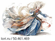 Watercolor illustration of a graceful woman in motion, dressed in a luxurious 18th century dress with multi-layered skirts and decorative elements. Her snow-white hair flutters in the wind, as does the fabric of the dress, creating a whirlwind and lightness effect. The image conveys dynamics, grace and theatricality, like a heroine of a historical drama or ballet. The color scheme is soft pastel shades with accents of blue, brown and gold. This artwork is perfect for postcards, book covers, clothing and interior design. Стоковое AI-изображение, AI-художник Анна Кривицкая / Фотобанк Лори