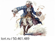 Watercolor illustration of an elegant 18th century man in a luxurious suit made in shades of blue, beige and white. His pose is dynamic, he is depicted in motion, as if dancing or turning sharply. The man is wearing typical clothing of the Age of Enlightenment - a tailcoat with gold buttons, a jabot, a waistcoat and boots. The wind blows the details of his suit and hair, which adds expressiveness to the scene. The white background emphasizes the sophistication and theatricality of the image. Стоковое AI-изображение, AI-художник Анна Кривицкая / Фотобанк Лори