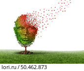 Psychological well-being and Mental health deterioration or Emotional stability and personal crisis as a tree head losing leaves as an anxiety and human stress symbol or Cognitive functioning with 3D illustration elements. Стоковое фото, агентство Ingram Publishing / Фотобанк Лори