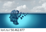 Dementia memory loss and cognitive decline as Neurodegeneration as a mental health disorderas Alzhiemers and Parkinsons disease and neurology disease as a human head and brain declining as an iceberg falling apart with 3D illustration elements. . Стоковое фото, агентство Ingram Publishing / Фотобанк Лори