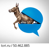 Left Wing Commentary and liberal talk symbol as an open blue speech bubble with a donkey emerging out as a symbol of politics in the United States and political icon for left-wing discussion with 3D illustration elements. . Стоковое фото, агентство Ingram Publishing / Фотобанк Лори
