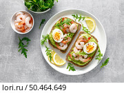 Toast with shrimps, avocado guacomole, arugula and boiled egg, top view. Стоковое фото, агентство Ingram Publishing / Фотобанк Лори