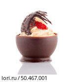 Tasteful strawberry and chocolate pastry mousse isolated on white background. Стоковое фото, агентство Ingram Publishing / Фотобанк Лори