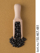 Wooden scoop with black beans against yellow vinyl background. Стоковое фото, агентство Ingram Publishing / Фотобанк Лори