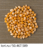 Top view of circle of corn against green vinyl background. Стоковое фото, агентство Ingram Publishing / Фотобанк Лори