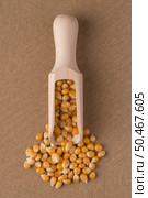 Top view of wooden scoop with corn against brown vinyl background. Стоковое фото, агентство Ingram Publishing / Фотобанк Лори