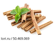 Cinnamon sticks on white reflective background. Стоковое фото, агентство Ingram Publishing / Фотобанк Лори