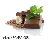 Closeup detail of chocolate parts and mint leaves on white background. Стоковое фото, агентство Ingram Publishing / Фотобанк Лори
