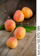 Apricots with leaves on the wooden table. Стоковое фото, агентство Ingram Publishing / Фотобанк Лори