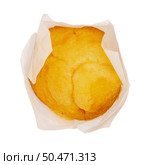 Closeup of a Magdalena Typical Spanish Plain Muffin. Sweet Food or Dessert. Three Fresh Baked Muffin Isolated on White Background in American Style. Irresistible Tasty Cake. Стоковое фото, агентство Ingram Publishing / Фотобанк Лори