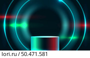 3D realistic podium stand with blue neon light circles frame with lighting effect on dark background technology cyberpunk concept. You can use for product presentation, tech digital game display mockup, showcase, etc. Vector illustration. Стоковая иллюстрация, агентство Ingram Publishing / Фотобанк Лори