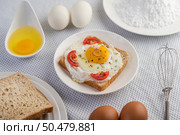 Bread placed with a fried egg with tomatoes, tapioca flour and sliced ??spring onions. Стоковое фото, агентство Ingram Publishing / Фотобанк Лори