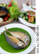 Fried mackerel placed on a white plate on a wooden floor. Стоковое фото, агентство Ingram Publishing / Фотобанк Лори