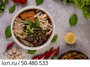 Large noodles with pork blood sausage, shredded chicken, crispy pork and sliced ??spring onions. Стоковое фото, агентство Ingram Publishing / Фотобанк Лори