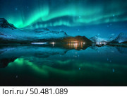 Northern lights over the snowy mountains, sea, reflection in water at night in Lofoten, Norway. Aurora borealis and snow covered rocks. Winter landscape with polar lights, city lights, sky with stars. Стоковое фото, агентство Ingram Publishing / Фотобанк Лори