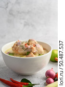 Tom Kha Kai in a bowl with kaffir lime leaves, lemongrass, red onion, galangal and chilli.Selective focus. Стоковое фото, агентство Ingram Publishing / Фотобанк Лори