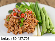Spicy Minced Pork Salad on a white plate with lentils, kaffir lime leaves and spring onions. Стоковое фото, агентство Ingram Publishing / Фотобанк Лори
