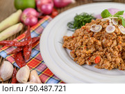 Spicy Minced Pork Salad on a white plate with red onion, lemon grass, garlic, yardlong beans, kaffir lime leaves, and spring onion. Стоковое фото, агентство Ingram Publishing / Фотобанк Лори