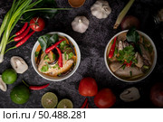 Tom yum chicken with chili, coriander, dried chili, kaffir lime leaves, mushroom and lemongrass in a bowl. Стоковое фото, агентство Ingram Publishing / Фотобанк Лори
