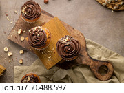 Chocolate chip muffins decorated with chocolate ganache and hazelnut on a vintage dark kitchen countertop. Стоковое фото, агентство Ingram Publishing / Фотобанк Лори