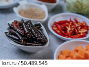 Diced carrots, dried chilies, roasted rice, and chili paste on a cement floor. Стоковое фото, агентство Ingram Publishing / Фотобанк Лори