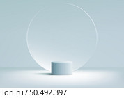 3D realistic products display blue podium pedestal stand with transparency circle glass backdrop minimal wall scene on blue background. You can use for product presentation, cosmetic display mockup, showcase, media banner, etc. Vector illustration. Стоковая иллюстрация, агентство Ingram Publishing / Фотобанк Лори