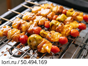 BBQ grill with a variety of meats, complete with tomatoes and bell peppers. Стоковое фото, агентство Ingram Publishing / Фотобанк Лори