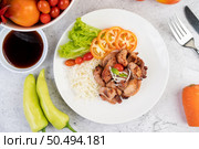 Grilled pork cutlet with tomatoes and salad, arranged in a white dish. Стоковое фото, агентство Ingram Publishing / Фотобанк Лори