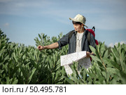 Young backpacker man traveler with map,  He carry large backpack during relaxing outdoor on summer vacations in forest trial, copy space. Стоковое фото, агентство Ingram Publishing / Фотобанк Лори