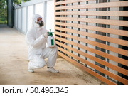 Disinfection specialist staff in personal protective equipment (ppe) suit, gloves, mask and face shield, cleaning Quarantine area with a bottle of pressurized spray disinfectant to remove covid-19. Стоковое фото, агентство Ingram Publishing / Фотобанк Лори