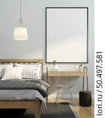 3D illustration Design modern interior bedroom with mockup picture frame on the wall over bed with bedding and cosy furniture, Scandinavian style, 3D rendering. Стоковое фото, агентство Ingram Publishing / Фотобанк Лори