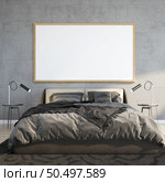 3D illustration Design modern interior bedroom with mockup picture frame on the wall over bed with bedding and cosy furniture, Scandinavian style, 3D rendering. Стоковое фото, агентство Ingram Publishing / Фотобанк Лори