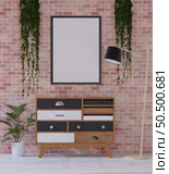 3D illustration mockup photo frame on brick wall over wooden cabinet, Decorated with scandinavian style interior and natural rendering. Стоковое фото, агентство Ingram Publishing / Фотобанк Лори