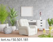 3D illustration mockup photo frame on the wall in living room, table with drawer in background scandinavian style interior with cozy furniture and houseplant in natural decoration concept, rendering. Стоковое фото, агентство Ingram Publishing / Фотобанк Лори