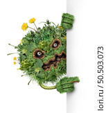 Lawn pest character and weed monster as dandelion with clover crab grass weeds problem as a symbol for herbicide use in the garden or gardening for turf disease care with chinch larva grubs. Стоковое фото, агентство Ingram Publishing / Фотобанк Лори