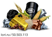 Commodity Business And Commodities and economic goods and natural resources or goods to trade or exchange as a stock market trading as crude oil coffee beans copper gold with 3D illustration elements. Стоковое фото, агентство Ingram Publishing / Фотобанк Лори