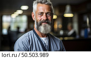 Distinguished man with grey hair and a beard emanates wisdom and mystery, creating a captivating image. Стоковое AI-изображение, AI-художник Данила Большаков / Фотобанк Лори