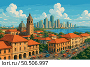 Manila daylight skyline with colonial buildings and bay view. Стоковая иллюстрация, иллюстратор Максим Гребешков / Фотобанк Лори