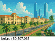 Tropical Colombo panorama with colonial facades and ocean breeze. Стоковая иллюстрация, иллюстратор Максим Гребешков / Фотобанк Лори