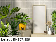 3D illustration mockup photo frame over wooden cabinet with houseplant in pot, dry flowers in vase, rendering. Стоковое фото, агентство Ingram Publishing / Фотобанк Лори