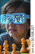 A close-up of a chess coaching session using augmented reality glasses, move possibilities visualized in the air, a young boy chess player look into vr set up. Стоковое AI-видео, аниматор Sergey Grishin / Фотобанк Лори