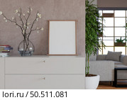 3D illustration, Mockup photo frame in living room, Interior of comfortable with luxury furniture and decorate in minimal style with houseplant in pot, rendering. Стоковое фото, агентство Ingram Publishing / Фотобанк Лори