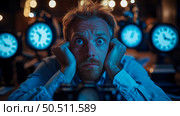 Man Stressed by Time: A Dramatic Portrait of Overwhelmed Individual Surrounded by Clocks. Стоковое AI-изображение, AI-художник Данила Большаков / Фотобанк Лори