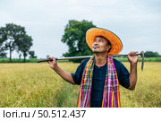 Asian farmer wearing straw hat and loincloth stand and carrying a hoe on shoulder in rice field. Стоковое фото, агентство Ingram Publishing / Фотобанк Лори