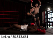 The referee stopped the fight. When one boxer is knocked out and cannot stand up to fight within a count of one to ten from the referee, Muay Thai, Thai martial arts. Стоковое фото, агентство Ingram Publishing / Фотобанк Лори