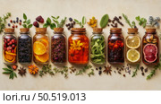 Aromatic Herb and Fruit Infusions in Glass Bottles: A Colorful Still Life. Стоковое AI-изображение, AI-художник Данила Большаков / Фотобанк Лори