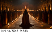 Nighttime Religious Procession: A Solitary Figure Amidst a Gathering of Devotees in an Ancient Courtyard. Стоковое AI-изображение, AI-художник Данила Большаков / Фотобанк Лори