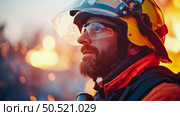 Firefighter Contemplating Blaze: A Courageous First Responder at Sunset. Стоковое AI-изображение, AI-художник Данила Большаков / Фотобанк Лори