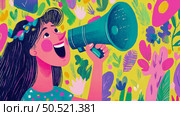 Joyful Girl Announcing amidst Vibrant Floral Background. Стоковое AI-изображение, AI-художник Данила Большаков / Фотобанк Лори